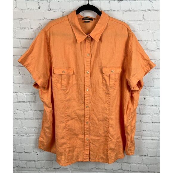 EDDIE BAUER orange linen button down pockets short sleeve shirt top blouse 4X - Picture 1 of 4